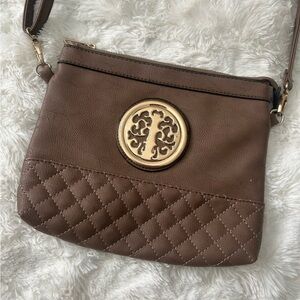 Brown Crossbody Bag with Gold Emblem